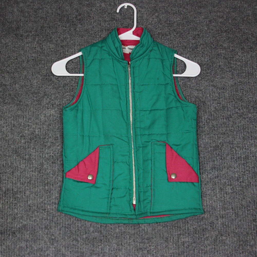 Vintage Kids Casual Time Green Quilted Puffer Vest with Pink Trim Pockets Size M